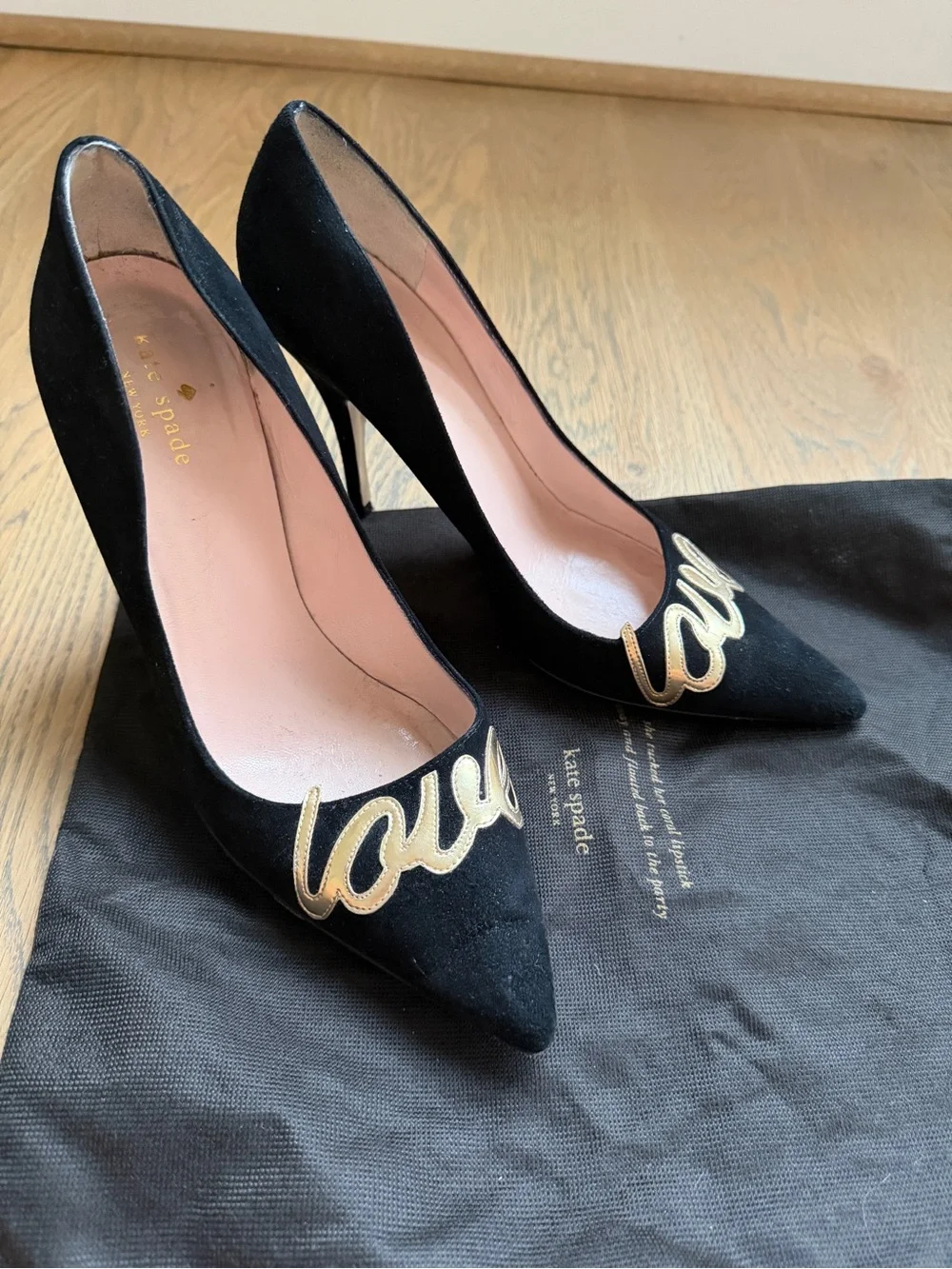 Kate Spade Black Suede Pointed Toe Pumps with Gold 'love' Script